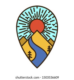 Flat vector design element. Concept logo: Line Art Icon of navigation with the image of the rising sun over the mountains with river and fir trees