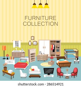 Flat vector design element and furniture collection for home interior. A variety of furniture for bedroom, living room, study, and kitchen on the wallpaper background for a living room interior. 