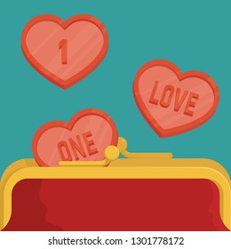Flat Vector Design Element. Illustration to the day of Saint Valentine. Red coins with the face value One love in the shape of a heart.