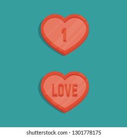 Flat Vector Design Element. Illustration to the day of Saint Valentine. Red coins with the face value One love in the shape of a heart.