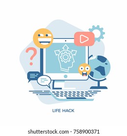 Flat vector design element on life hack and creative thinking. Cool concept visual with social media creative process on generating and sharing ideas and knowledge on improving different life spheres