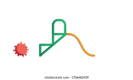 Flat Vector Design Element. The symbol of the coronavirus Covid-19 rides on a children's slide in the playground.
