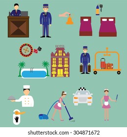 Flat vector design elements of hotel service set-reception, reservation, morning call, cleaning,concierge.