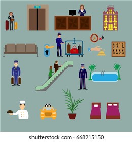 Flat vector design elements of hotel service set-reception, reservation, morning call, cleaning,concierge and shuttle bus for web and mobile application.