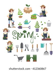 Flat vector design elements and woman gardening and planting trees for spring and summer season.
