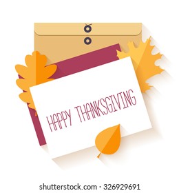 Flat vector design envelope, card and  autumn leaves. It can be used as invitation and greetings for Thanksgiving.