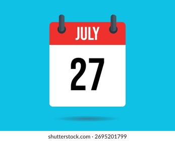O design de vetor plano apresenta um ícone de calendário exibindo julho e o número 27 em negrito contra um fundo azul vibrante. Estilo minimalista.
