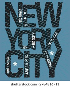 Flat vector design featuring prominent New York City neighborhood names arranged in a circular pattern with a distressed texture and star accents.