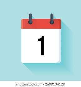 Flat vector design featuring a red and white calendar with the number one prominently displayed, set against a soft light blue gradient background.