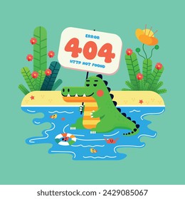 Flat vector design with a funny cartoon dinosaur holding a banner with the text: error 404 http error 404  not found. 