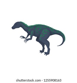 Flat vector design of giant ornithosuchus. Dinosaur with short fore paws, long tail and spots on body. Prehistoric animal