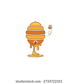 Projeto de vetor plano de uma colmeia dourada com mel pingando do fundo e uma pequena abelha de mel voando nas proximidades.