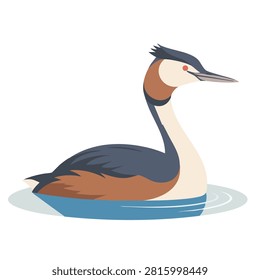 A flat vector design of a Great Crested Grebe bird featuring its distinctive dark head crest and orange neck plumage floating on a blue water ripple