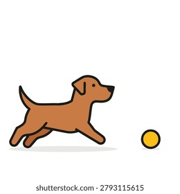 A flat vector design of a happy brown dog running to chase a yellow ball, isolated on a white background, perfect for pet-related icons and web graphics.