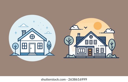 Flat Vector Design of Home Exterior in Line Art Style: House Illustration 