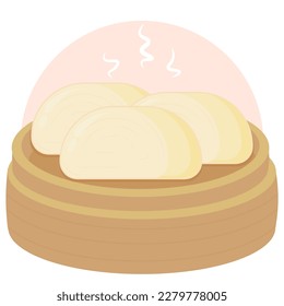 Flat vector design illustration of chinese food steam bun or mantou on a bamboo steamer for menu or food campaign