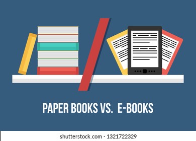 Flat vector design illustration, concept paper book versus electronic books, e-books.