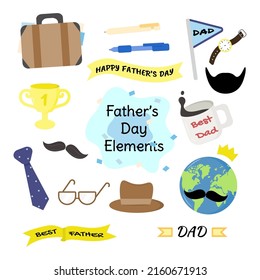 Flat vector design illustration of father's day elements. Including briefcase, tie, mustache, hat, glasses, mug, and the other elements. Can be used for icons, logos, posters, or stickers.