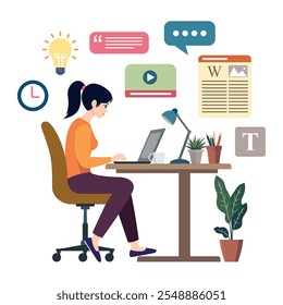 Flat Vector Design Illustration Image of a  Female Content Writer sitting facing laptop writing an article, Isolated white background