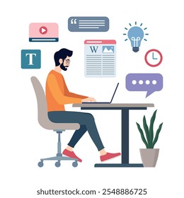 Flat Vector Design Illustration Image of a Male Content Writer sitting facing laptop writing an article, Isolated white background