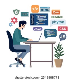 Ilustración de diseño de Vector plano Imagen de un programador masculino sentado frente a una computadora portátil haciendo codificación, fondo blanco aislado
