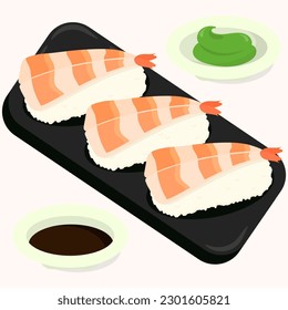 	
Flaches Vektordesign, Illustration von japanischem Shrimp-Nigiri-Sushi. Alleinstehende asiatische Lebensmittel