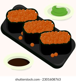 Flat vector design illustration of Japanese egg fish gunkan sushi. Isolated asian food