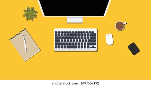 Flat vector design illustration of modern business office and workspace. Top view of desk background