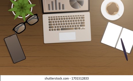 Flat vector design illustration of modern business office and workspace. Top view of desk background .