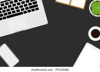 flat vector design illustration of office and workspace. Top view of desk with laptop, digital devices and tablet