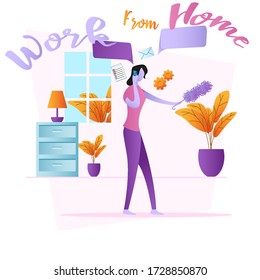 Flat vector design illustration of a women calling while doing housework. Woman cleaning the house vector illustration