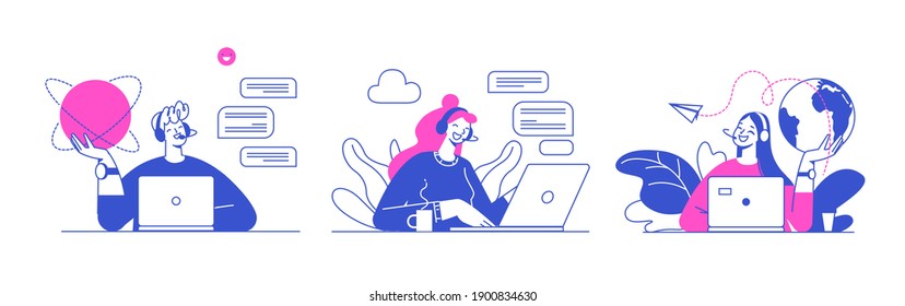 Flat vector design illustrations, technical support assistant, customer and operator vector. Customer service, hotline operator advises customer, online global technical support 247.