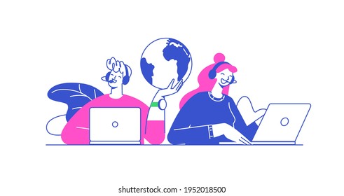 Flat vector design illustrations, technical support assistant, customer and operator vector. Customer service, hotline operator advises customer, online global technical support 247.