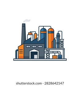 A flat vector design of an industrial factory building featuring tall chimneys storage tanks pipes and manufacturing structures on a white background