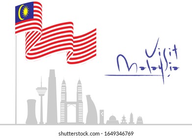 Flat vector design with Malaysia flag for visit Malaysia campaign. multi building skyscraper in Malaysia. 