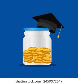 Flat vector design of a money-saving jar for higher education funding