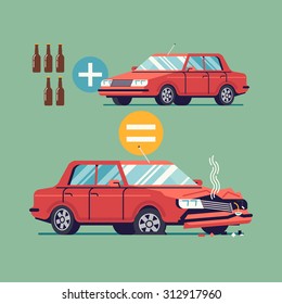 Flat vector design on drink and drive | Alcohol influenced driving causes car crash | Before and after car driving while impaired by alcohol