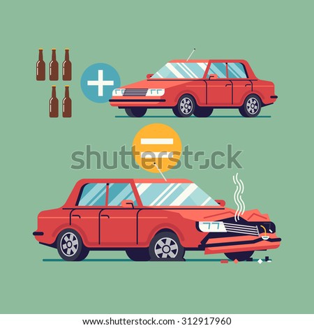 Flat vector design on drink and drive | Alcohol influenced driving causes car crash | Before and after car driving while impaired by alcohol