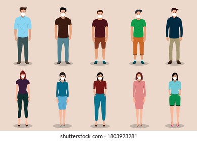 Flat Vector design of People in protective medical face masks. Coronavirus COVID-19 virus. 