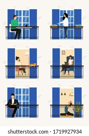 A flat vector design of a peple stay at home during Coronavirus pandemic. Apartment's balcony illustration.Self qaurantine at home. Stay at home Concepts.