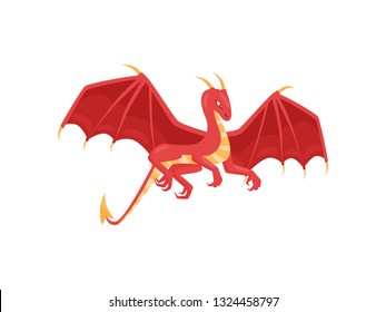 Flat vector design of red dragon with wide open wings. Mythical creature with horns and long tail