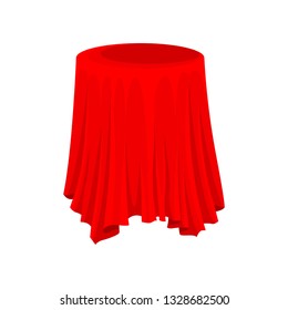 Flat vector design of round presentation pedestal covered with bright red cloth. Textile material. Silk fabric