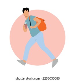 Flat vector design of running man with bring his bag. Vector cartoon character