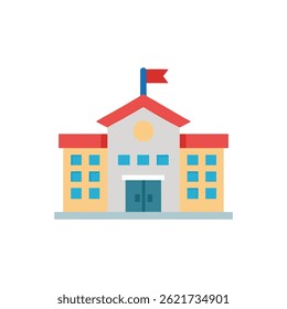 Flat vector design of a school building featuring a red roof and blue windows. Designed in a simple minimalist style.