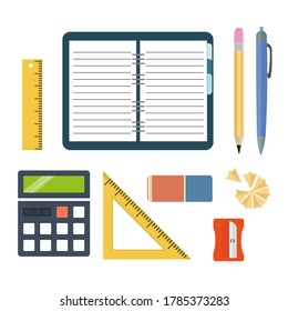 Flat vector design school supplies on a white background