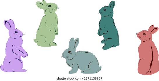 Flat vector design. Set of colored cute Easter bunnies. Spring, Easter