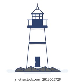 A flat vector design of a simple lighthouse structure on a rocky base isolated on white background