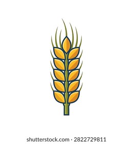 A flat vector design of a single golden wheat ear featuring green stem and awns suitable for agricultural branding or icons