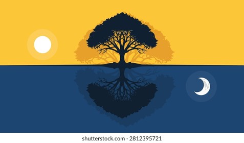 A flat vector design of a single tree with symmetrical top and roots reflecting day and night cycle with sun and moon