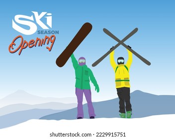 Flat vector design for ski season opening with snowboarder, skier, and graffiti sign.